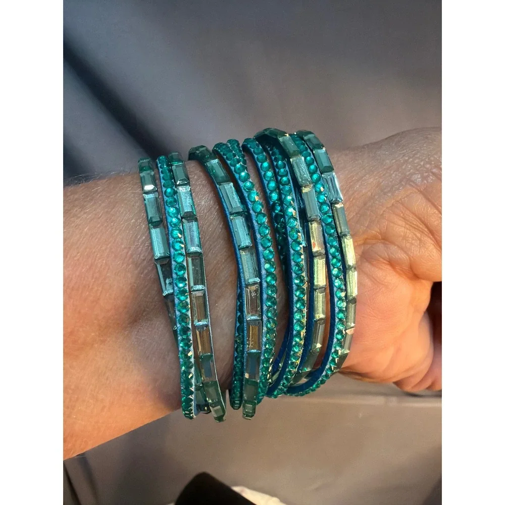 Crystal Wrap Bracelet Set Teal Amber Rhinestone Faux Suede Boho Stackable 2pc